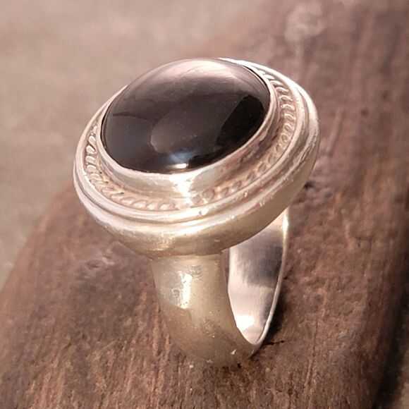 Vintage Sterling Onyx Round Cable Bezel Ring - Picture 6 of 13